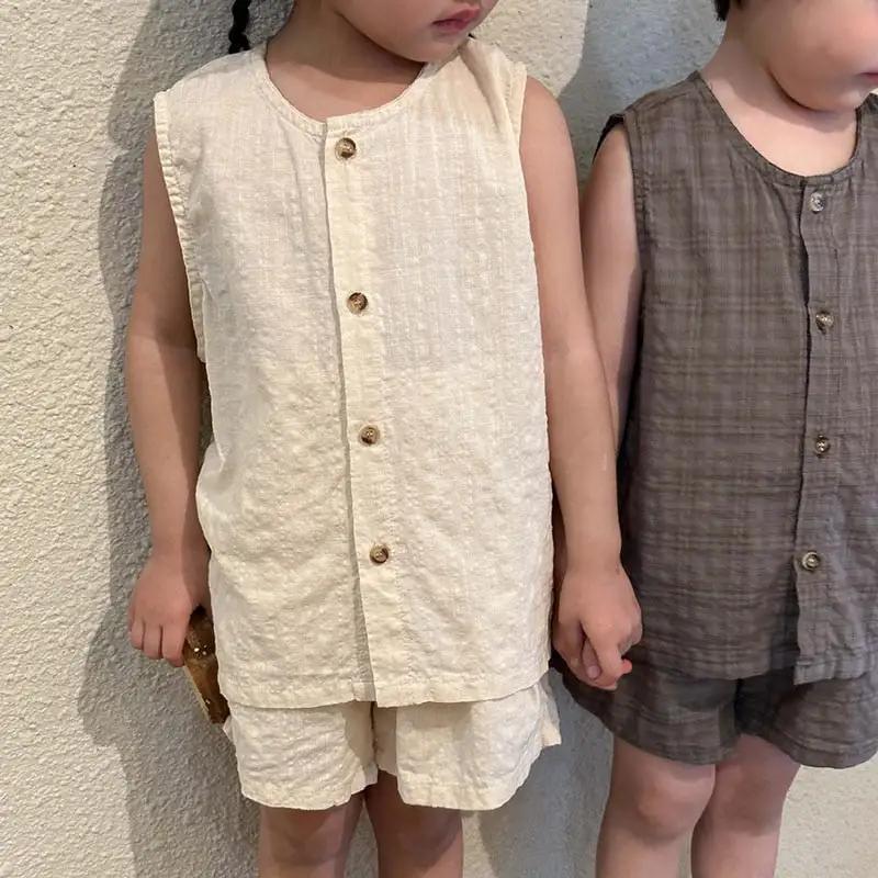 Kids' Button - Up Vest and Shorts Set in Cotton Blend - Coffee & Beige Option - Ages 12 Months to 8 Years - True - to - Size Fit - JAC