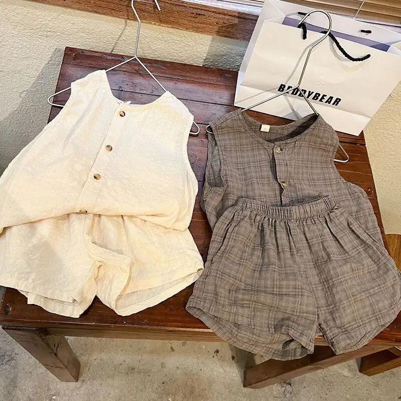 Kids' Button - Up Vest and Shorts Set in Cotton Blend - Coffee & Beige Option - Ages 12 Months to 8 Years - True - to - Size Fit - JAC
