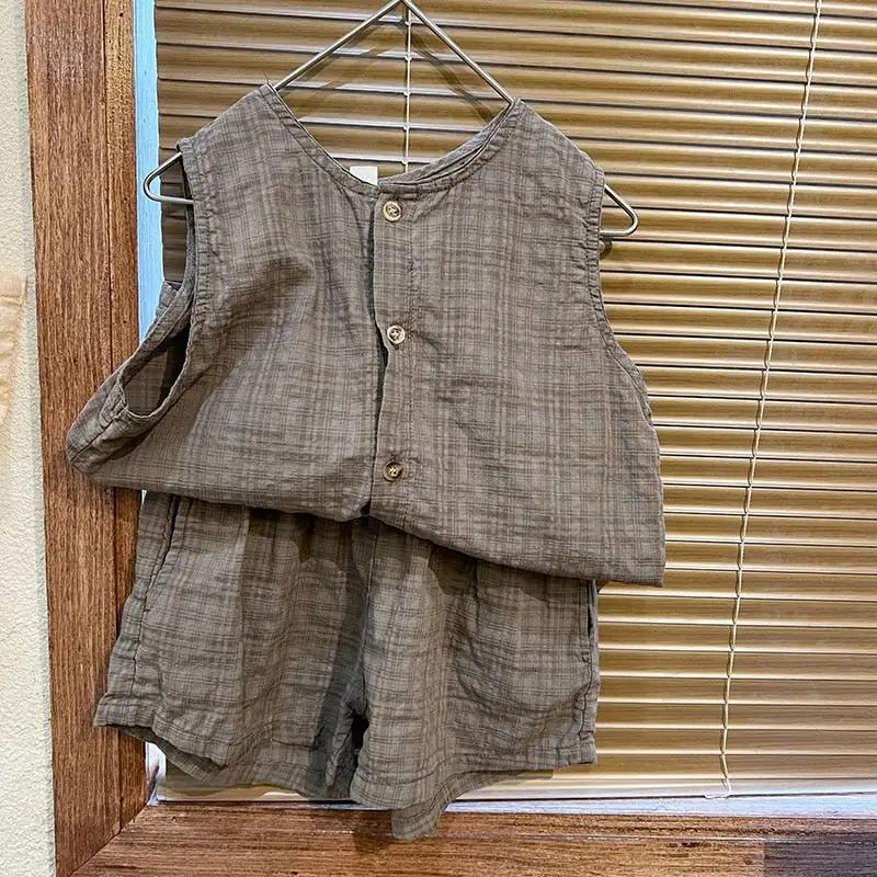 Kids' Button - Up Vest and Shorts Set in Cotton Blend - Coffee & Beige Option - Ages 12 Months to 8 Years - True - to - Size Fit - JAC
