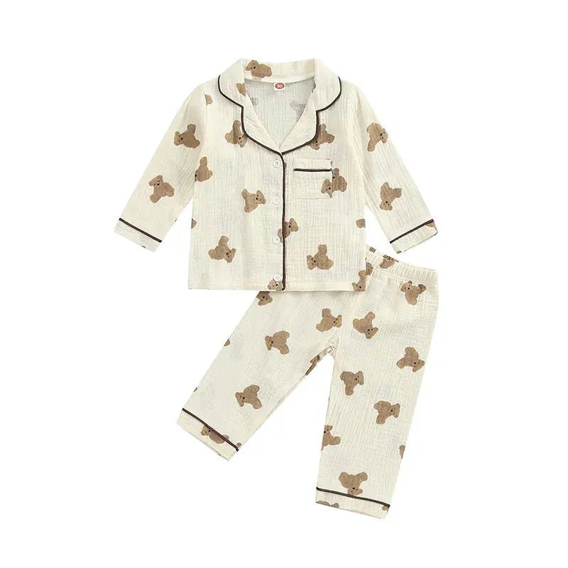 Kids Cartoon Bear Print Pajama Set with Long Sleeve Top and Pants - JAC