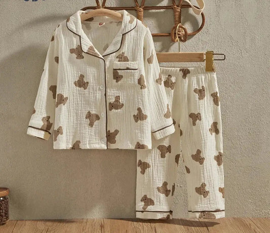 Kids Cartoon Bear Print Pajama Set with Long Sleeve Top and Pants - JAC