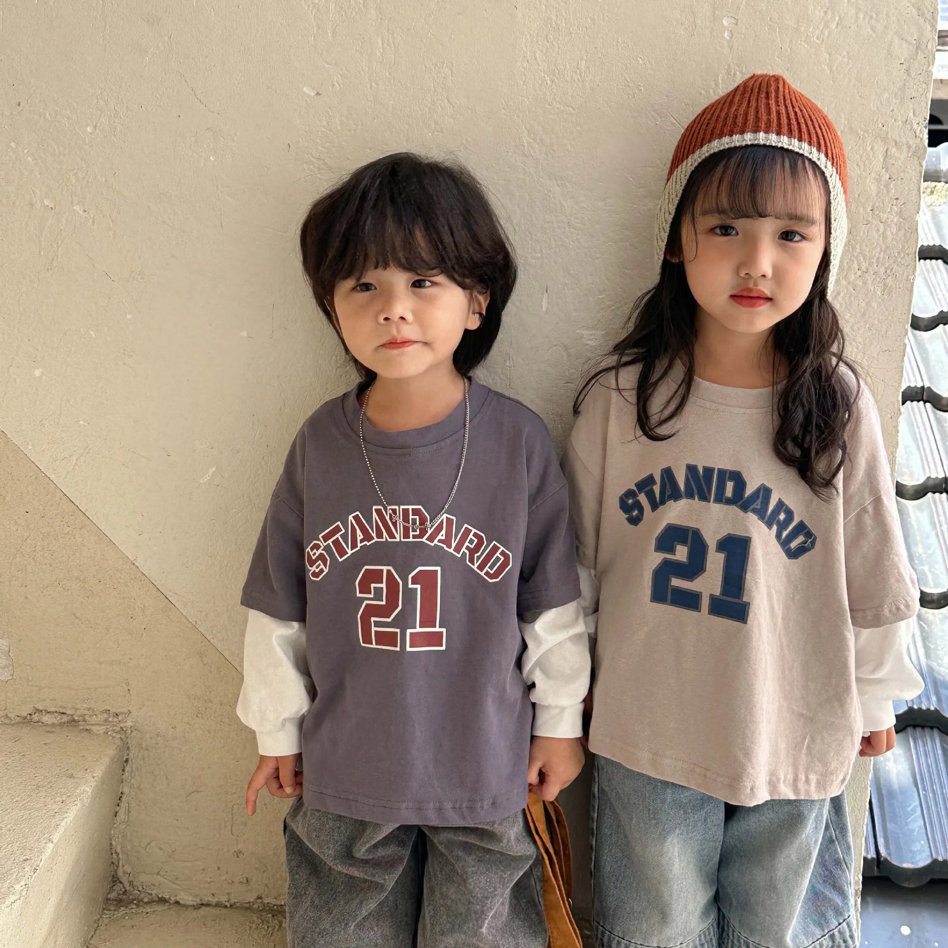 Kids' Double T - Shirt and Jeans Matching Set - Grey & Khaki - JAC