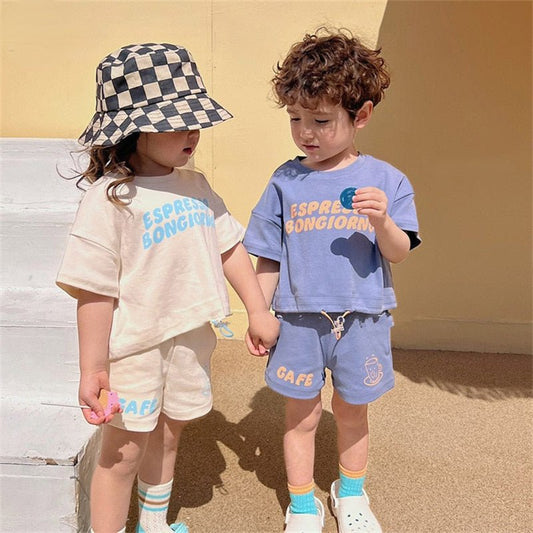 Kids' Sporty Toggle Tee and Baggy Shorts Co - ord Set with Graphic Print - Beige/Blue - JAC