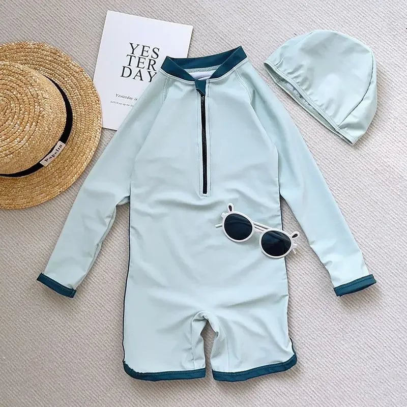 Korean Children's Swimsuit Baby Swimwear Boy Zipper One Piece Long Sleeved Quick Drying Cute Girl Swimsuit Kids Swim Suit Boys - JAC