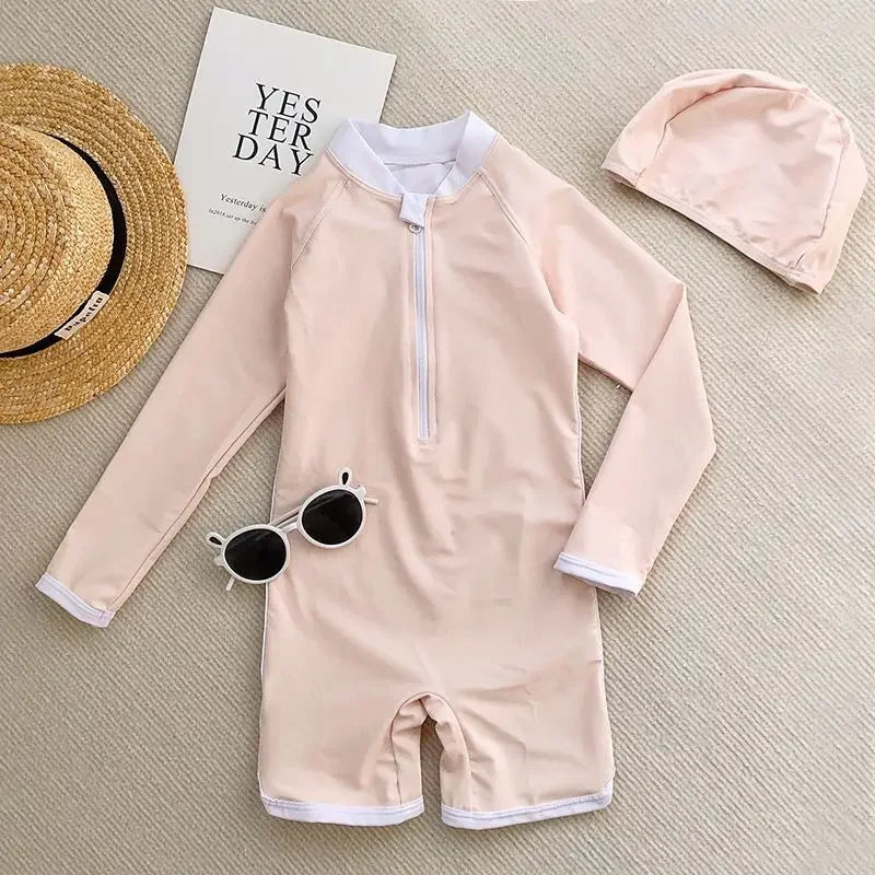 Korean Children's Swimsuit Baby Swimwear Boy Zipper One Piece Long Sleeved Quick Drying Cute Girl Swimsuit Kids Swim Suit Boys - JAC