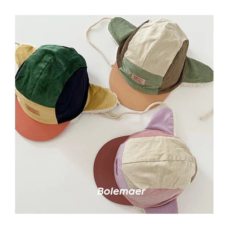 Korean Patchwork Corduroy Baseball Cap with Fur Lining for Toddlers and Kids - Warm Winter Hat - JAC