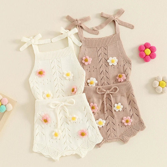 Lovely Summer Newborn Baby Girls Clothes Sets Flower Sleeveless Tie - up Knitted Tanks Tops+Drawstring Shorts Casual Outfits - JAC