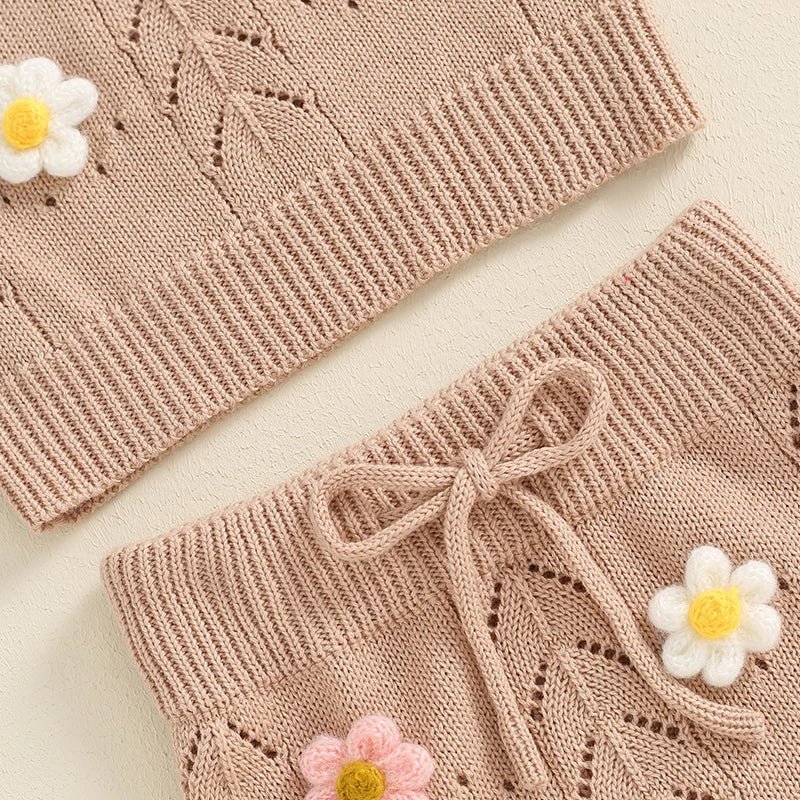 Lovely Summer Newborn Baby Girls Clothes Sets Flower Sleeveless Tie - up Knitted Tanks Tops+Drawstring Shorts Casual Outfits - JAC