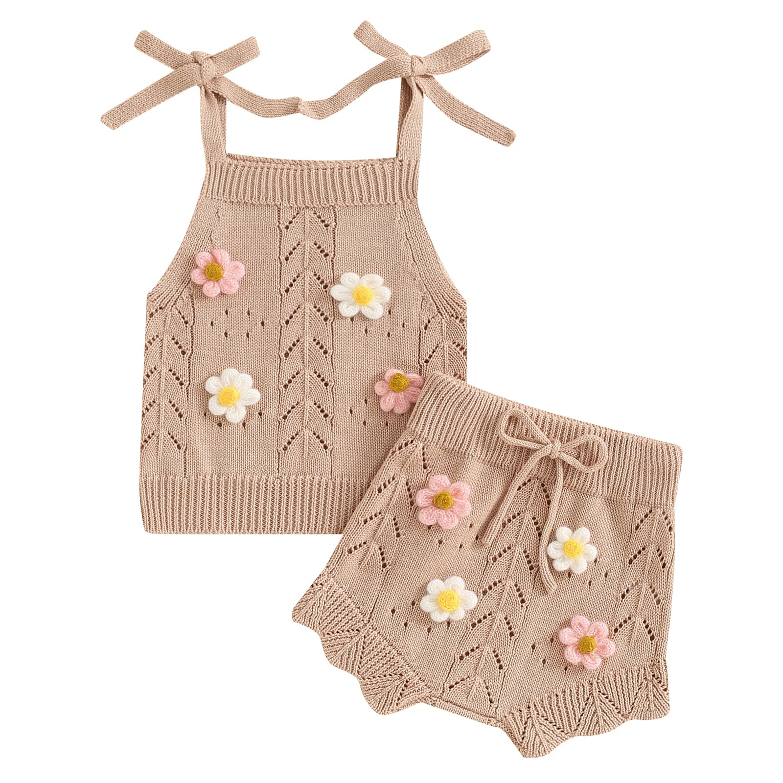 Lovely Summer Newborn Baby Girls Clothes Sets Flower Sleeveless Tie - up Knitted Tanks Tops+Drawstring Shorts Casual Outfits - JAC