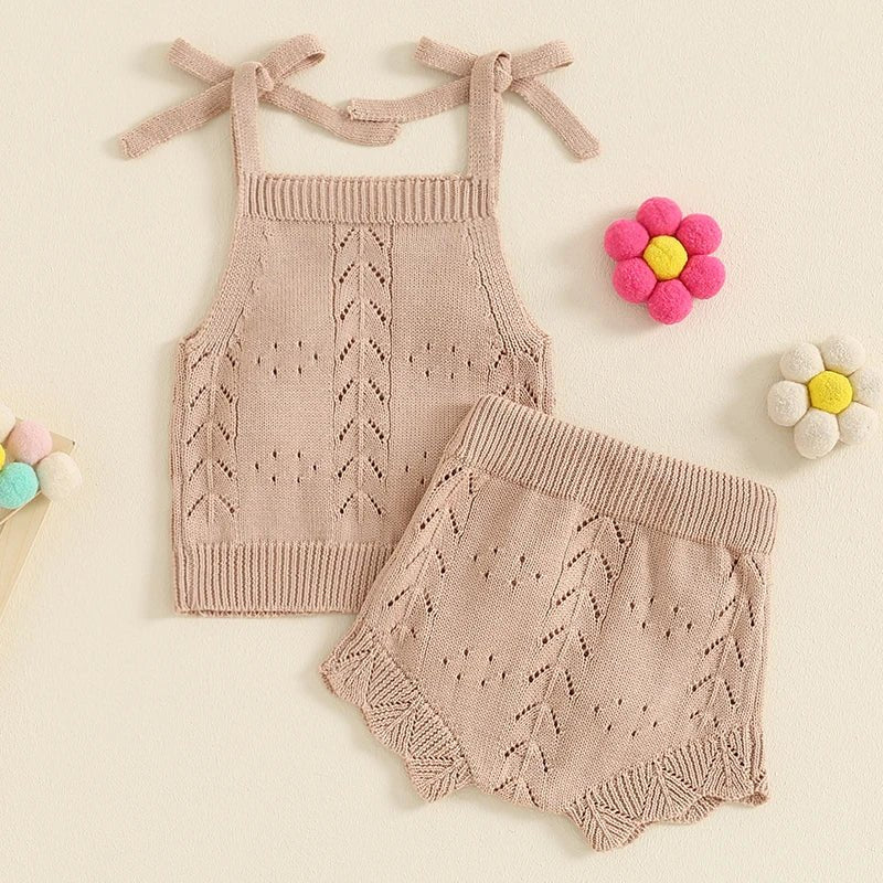 Lovely Summer Newborn Baby Girls Clothes Sets Flower Sleeveless Tie - up Knitted Tanks Tops+Drawstring Shorts Casual Outfits - JAC