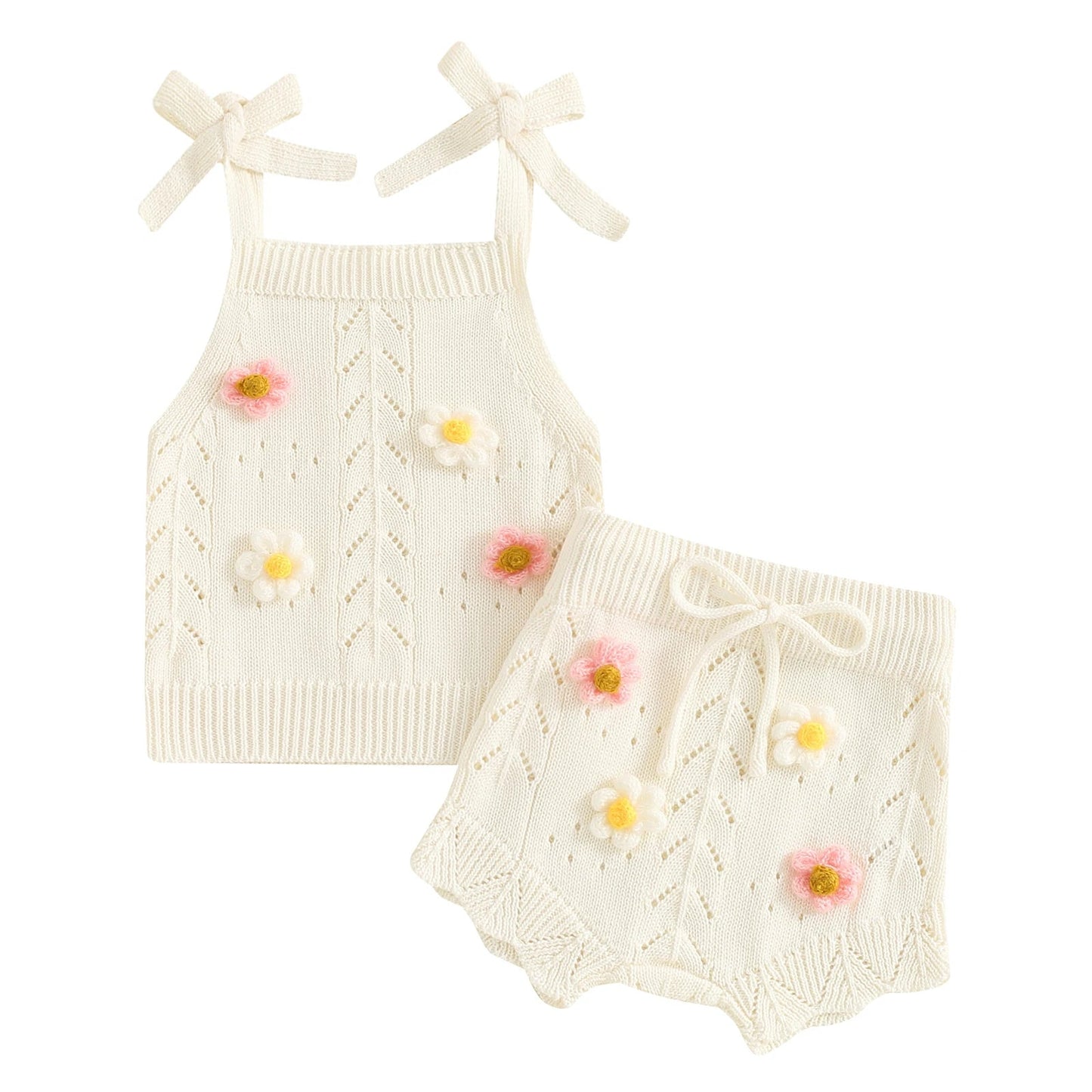 Lovely Summer Newborn Baby Girls Clothes Sets Flower Sleeveless Tie - up Knitted Tanks Tops+Drawstring Shorts Casual Outfits - JAC