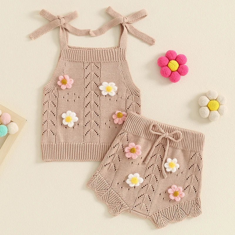 Lovely Summer Newborn Baby Girls Clothes Sets Flower Sleeveless Tie - up Knitted Tanks Tops+Drawstring Shorts Casual Outfits - JAC