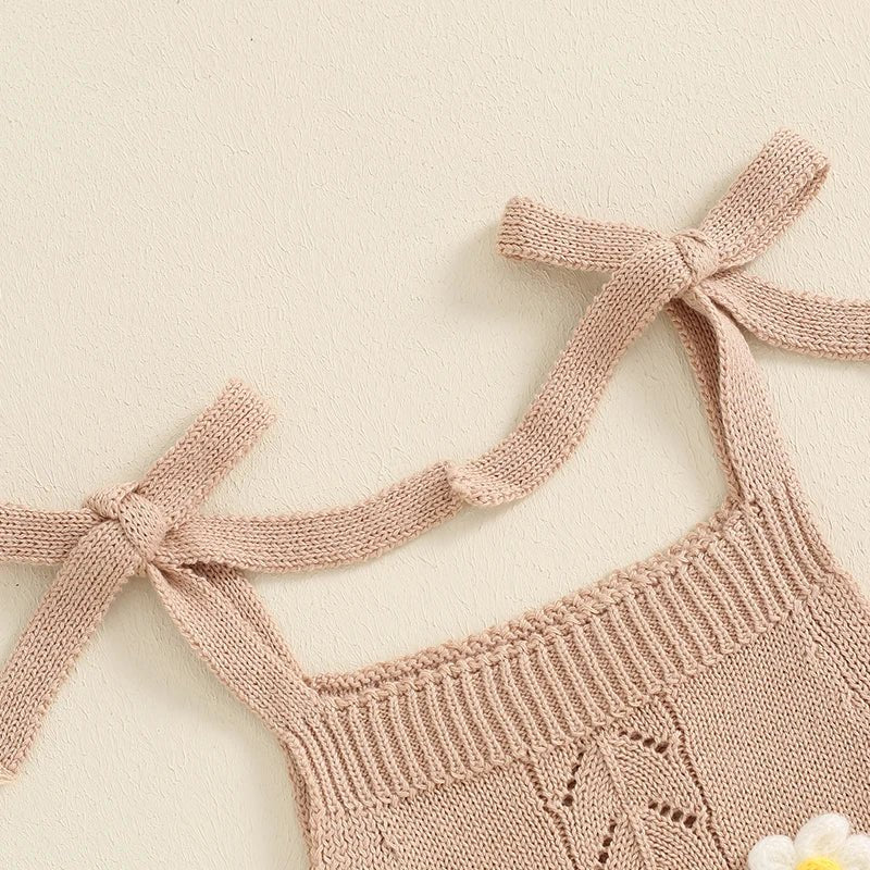 Lovely Summer Newborn Baby Girls Clothes Sets Flower Sleeveless Tie - up Knitted Tanks Tops+Drawstring Shorts Casual Outfits - JAC