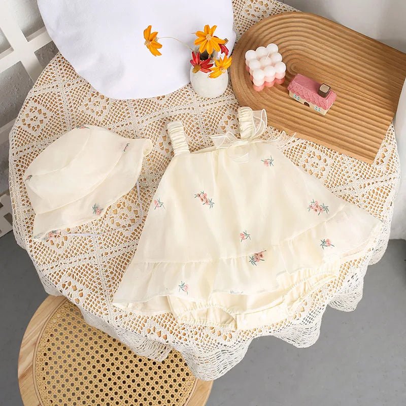 New Baby Girls Summer Clothing Toddler Sweet Floral Sling Bodysuit with Hat Newborn 100 Days Thin Dress One Piece - JAC