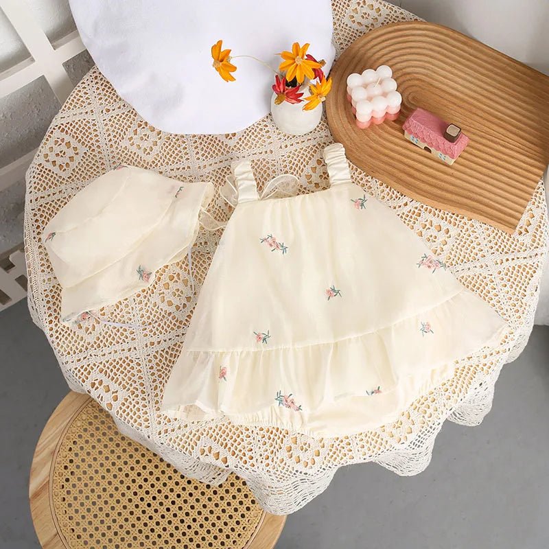 New Baby Girls Summer Clothing Toddler Sweet Floral Sling Bodysuit with Hat Newborn 100 Days Thin Dress One Piece - JAC