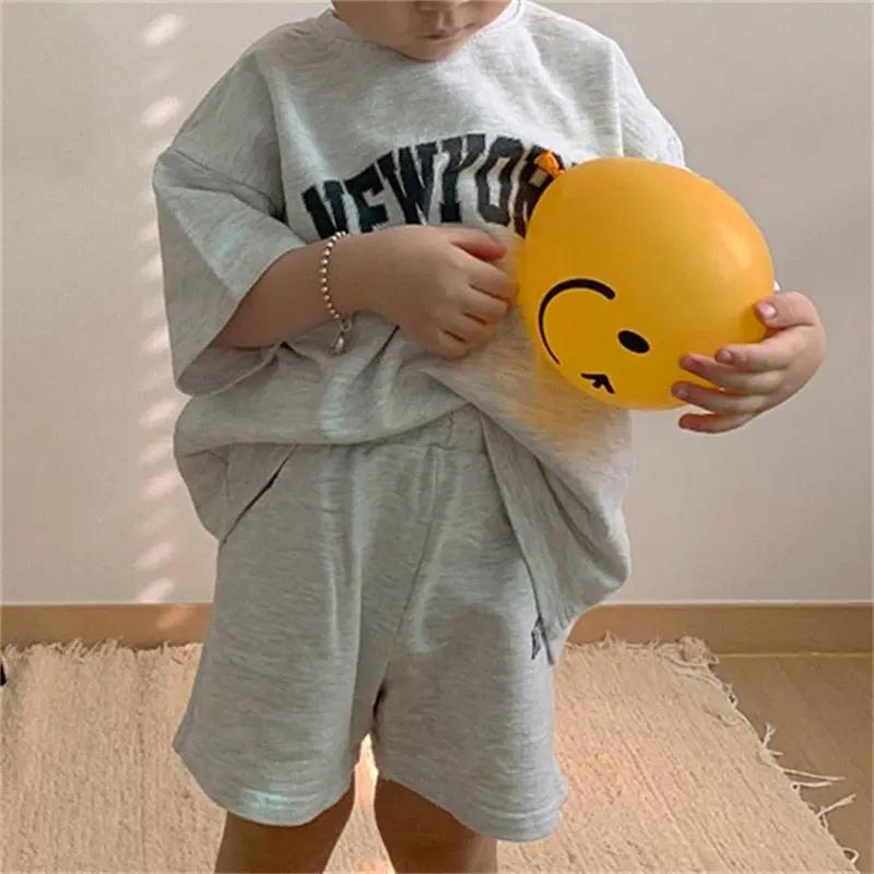 New York Grey and Navy Blue Kids Oversized Cotton T Shirt & Shorts Set - JAC