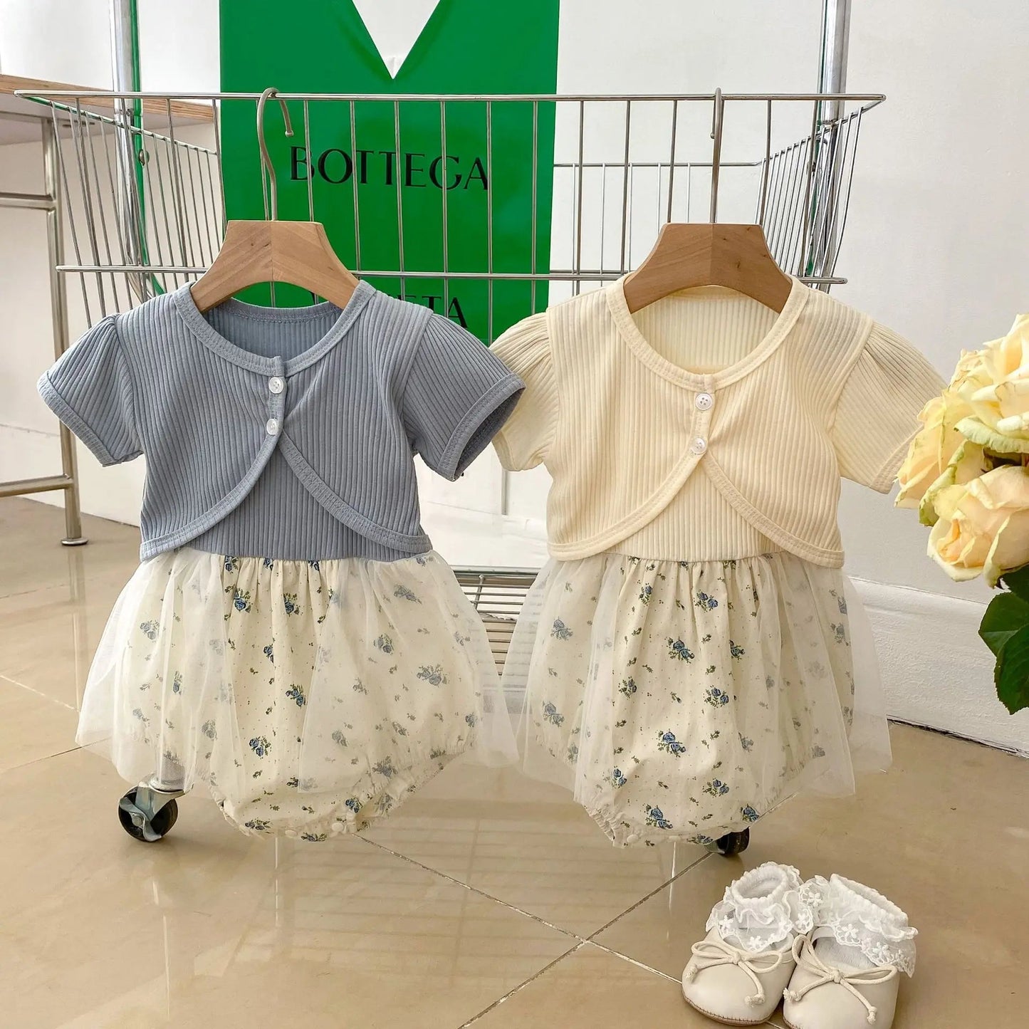 Newborn Baby Girls Summer Clothes Set: Floral Sling One - piece Bodysuit, Mesh Patchwork, Solid Coat - 2pcs for Infants Kids 0 - 24M - JAC