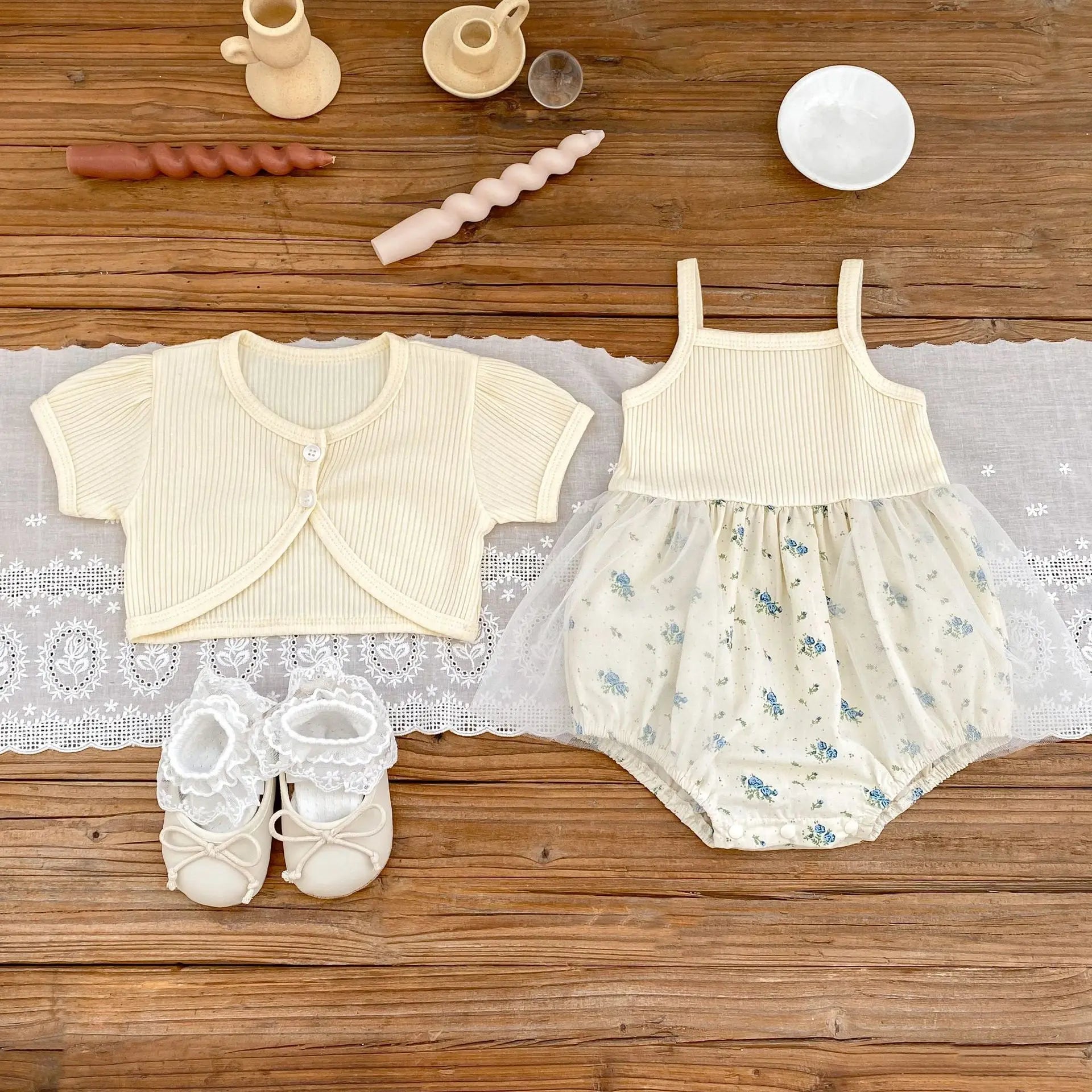 Newborn Baby Girls Summer Clothes Set: Floral Sling One - piece Bodysuit, Mesh Patchwork, Solid Coat - 2pcs for Infants Kids 0 - 24M - JAC