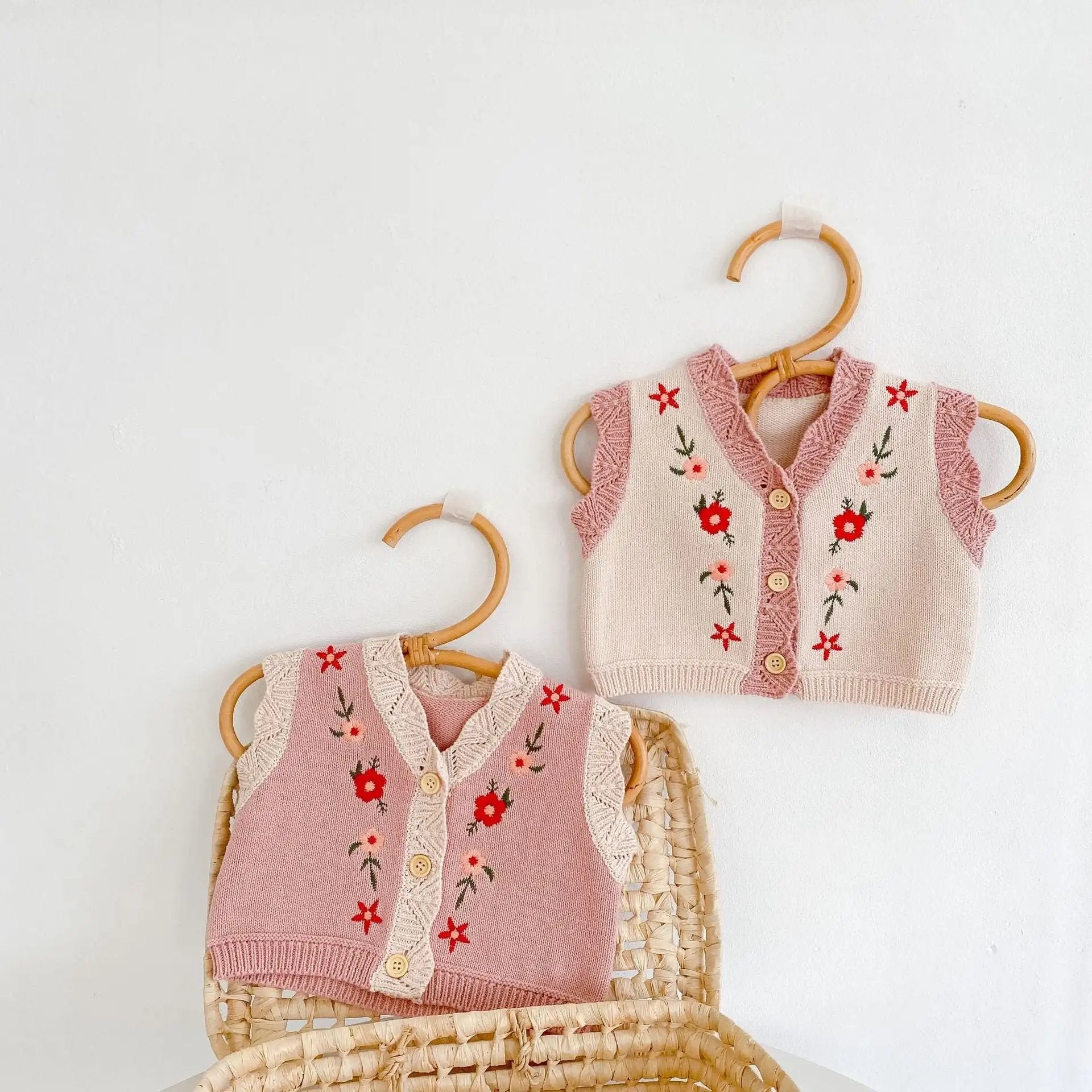 Pink Floral Knitted Button - Up Sweater Vest for Girls - JAC