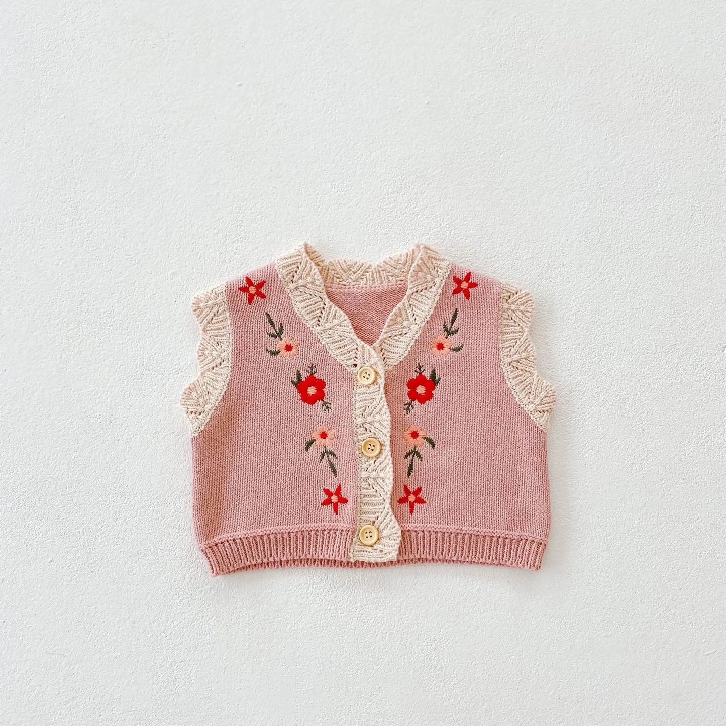 Pink Floral Knitted Button - Up Sweater Vest for Girls - JAC