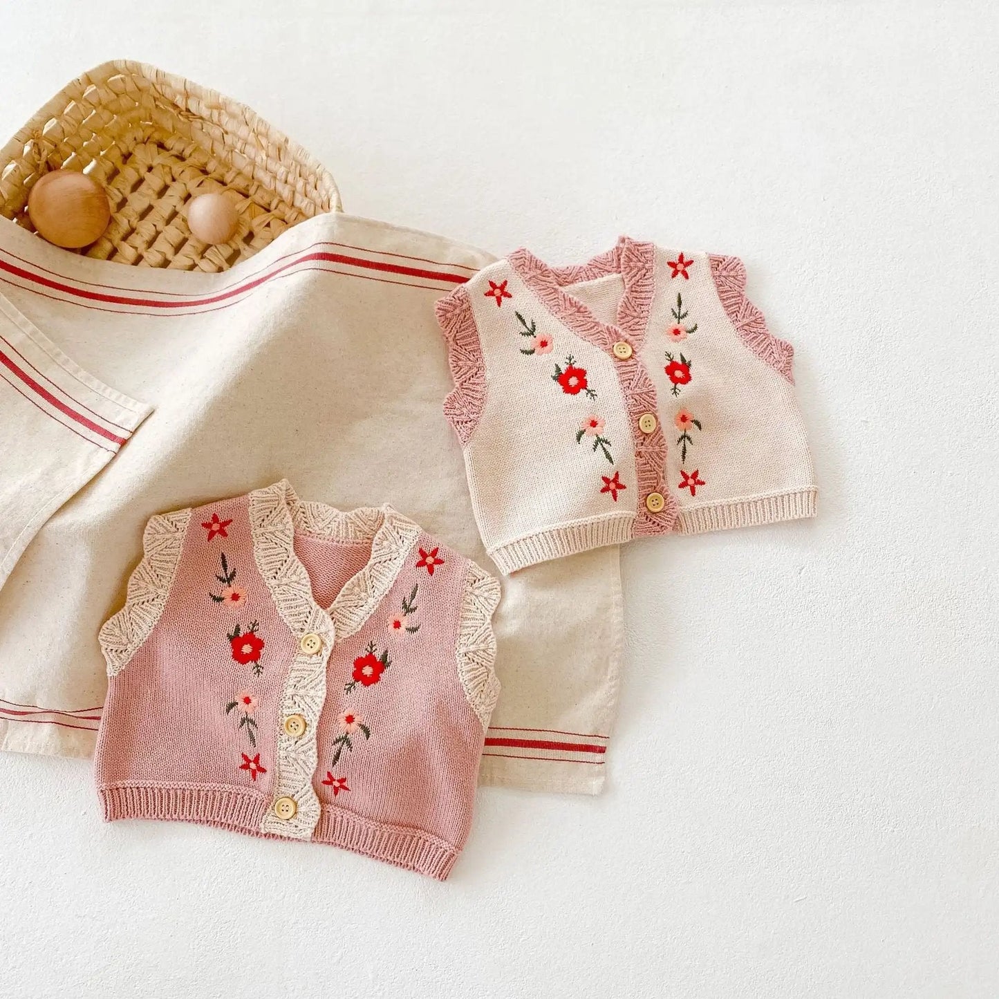 Pink Floral Knitted Button - Up Sweater Vest for Girls - JAC