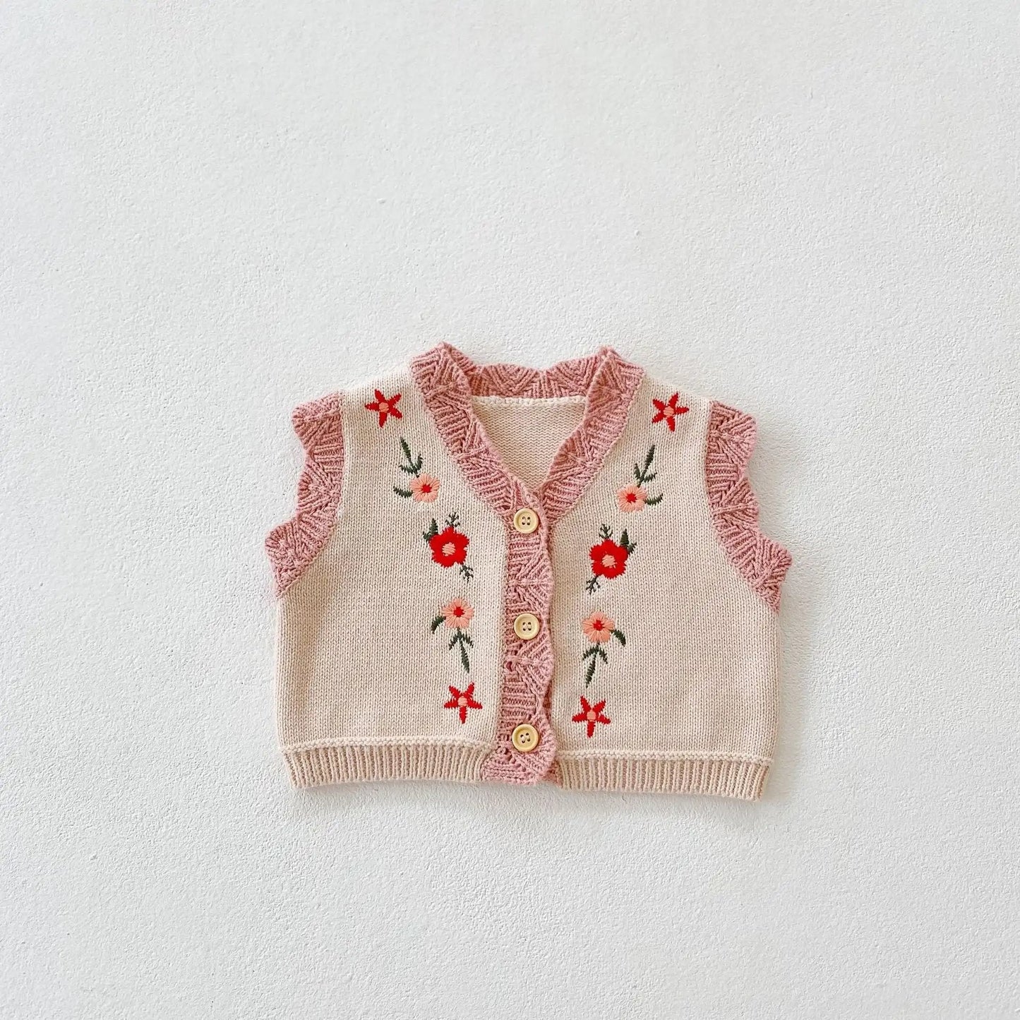 Pink Floral Knitted Button - Up Sweater Vest for Girls - JAC