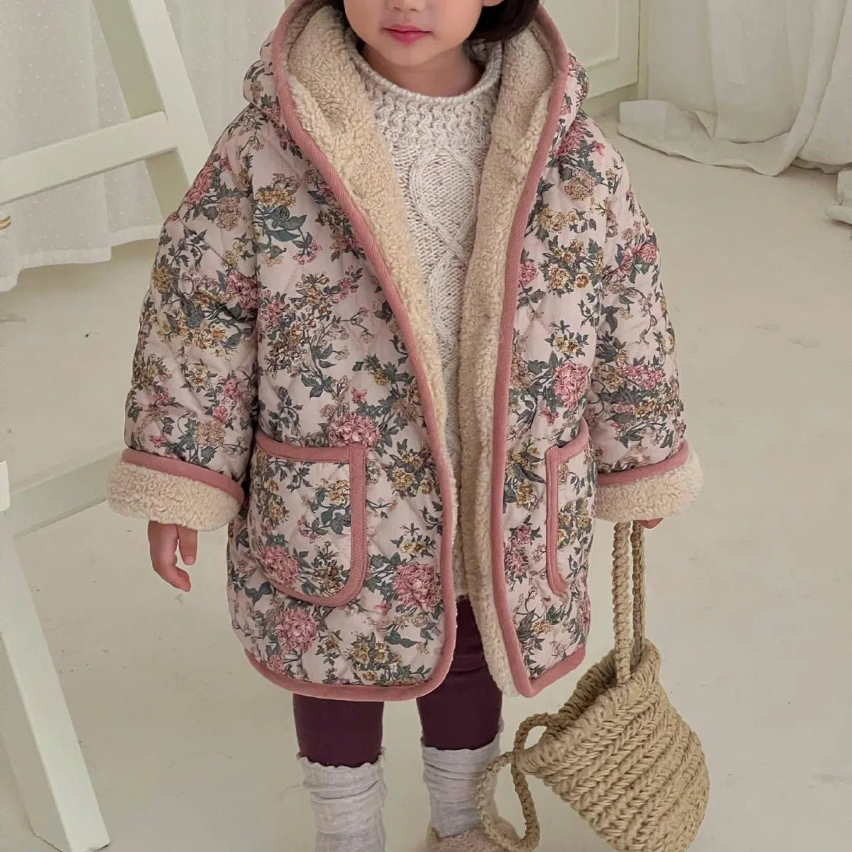 Pink Floral Wool Hooded Long Coat for Girls - JAC