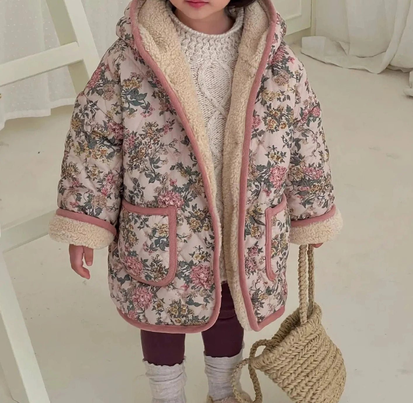 Pink Floral Wool Hooded Long Coat for Girls - JAC