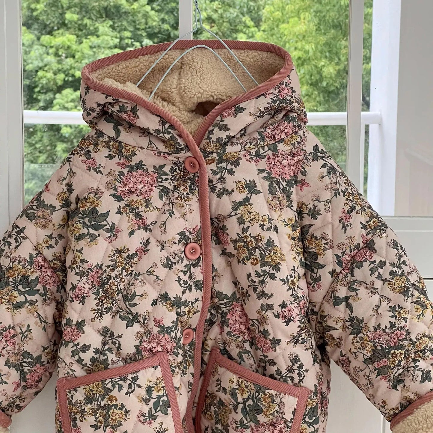 Pink Floral Wool Hooded Long Coat for Girls - JAC