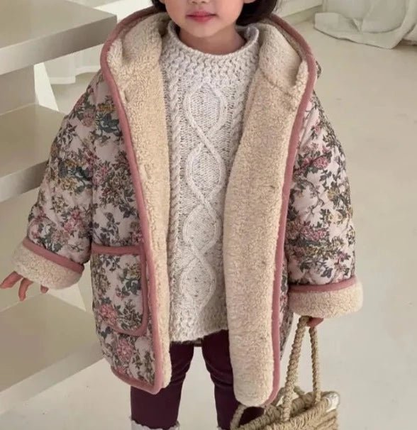 Pink Floral Wool Hooded Long Coat for Girls - JAC