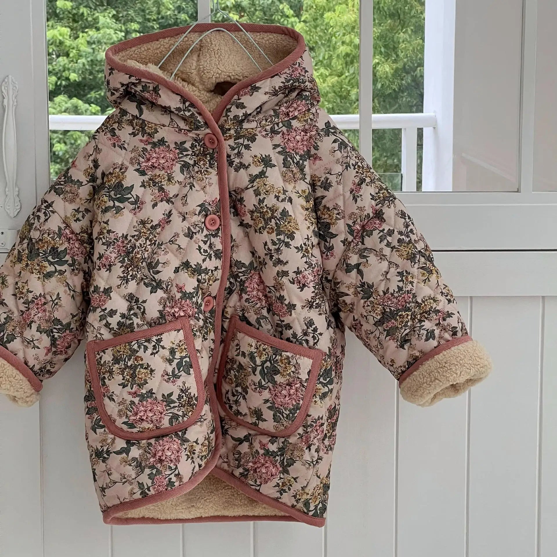 Pink Floral Wool Hooded Long Coat for Girls - JAC