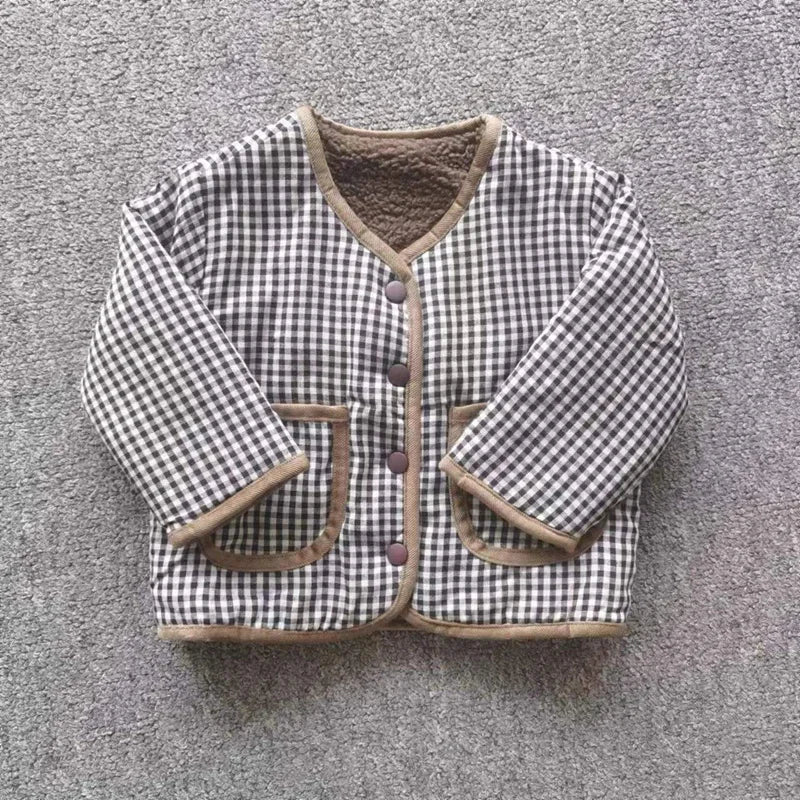 Plaid & Wool Reversible Kids Jacket in Brown & Beige - JAC