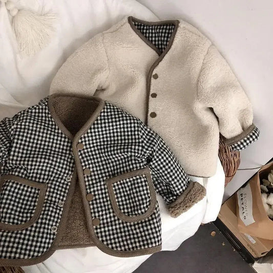 Plaid & Wool Reversible Kids Jacket in Brown & Beige - JAC