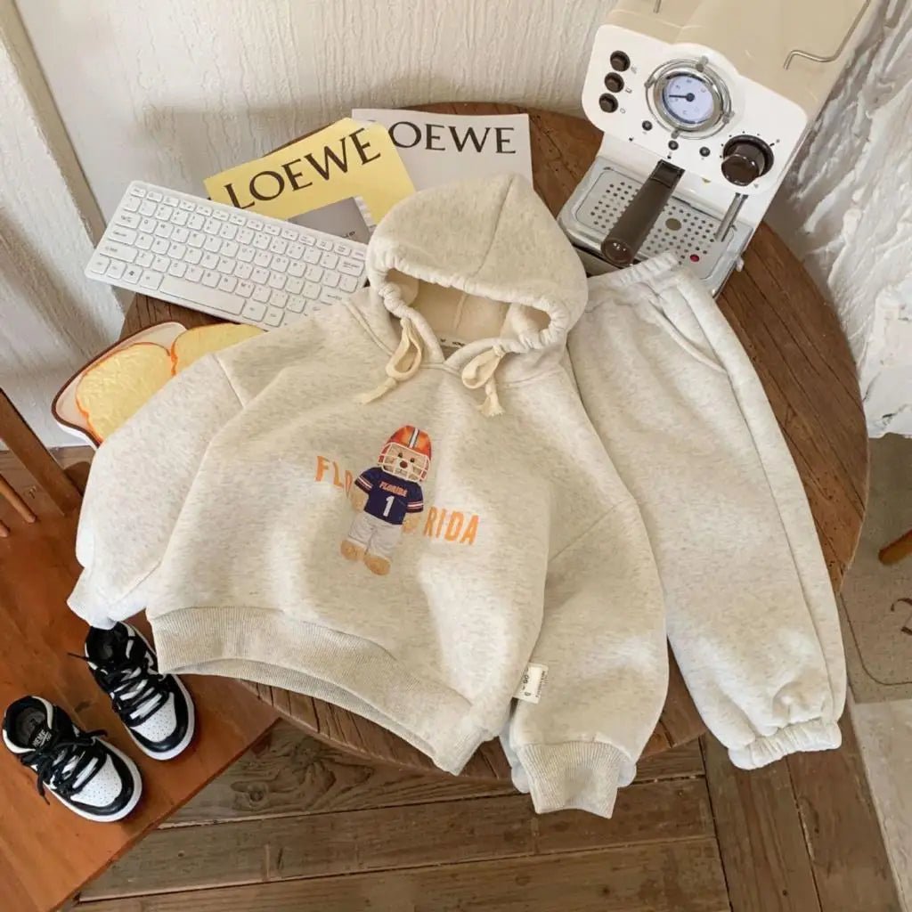 Playful Cartoon Design Hoodie and Joggers Set for Boys in Grey & Blue - JAC