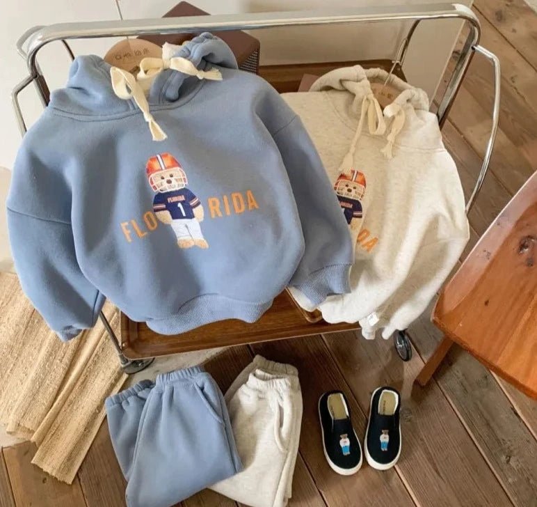 Playful Cartoon Design Hoodie and Joggers Set for Boys in Grey & Blue - JAC