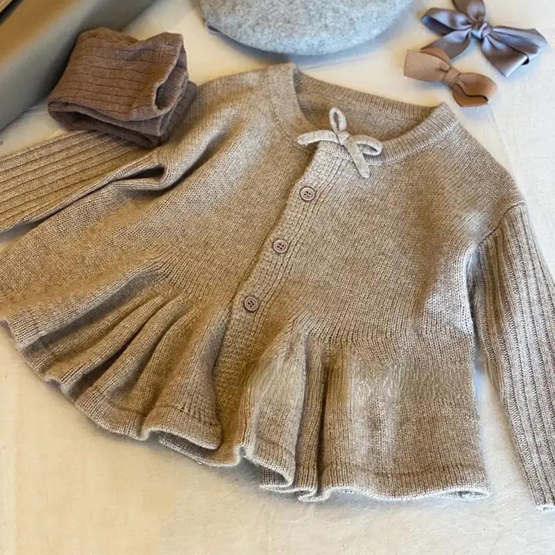 Pleated Grey Cardigan with Bow Accent - JAC