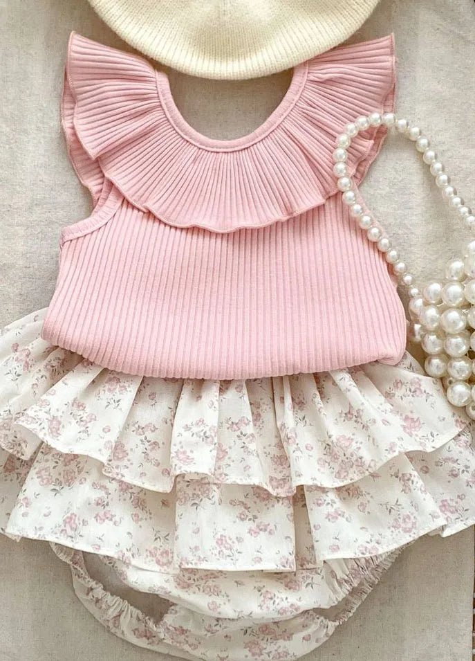 Ribbed Ruffle Vest + Flower Bloomers Set - JAC