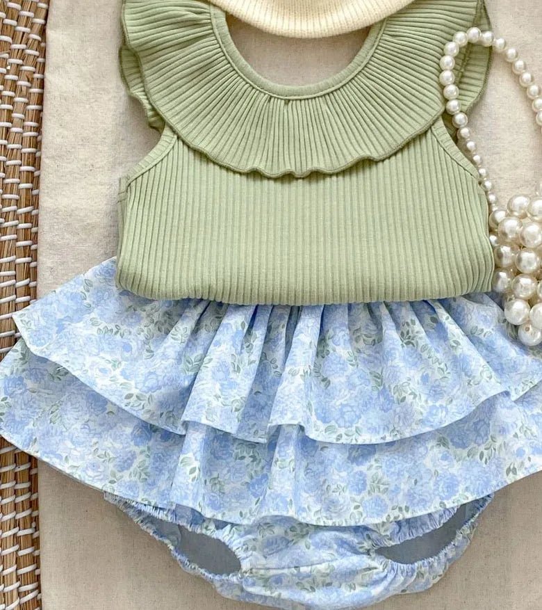 Ribbed Ruffle Vest + Flower Bloomers Set - JAC