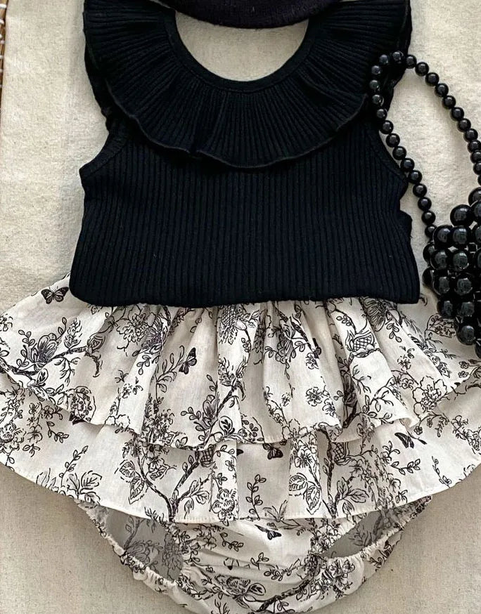 Ribbed Ruffle Vest + Flower Bloomers Set - JAC