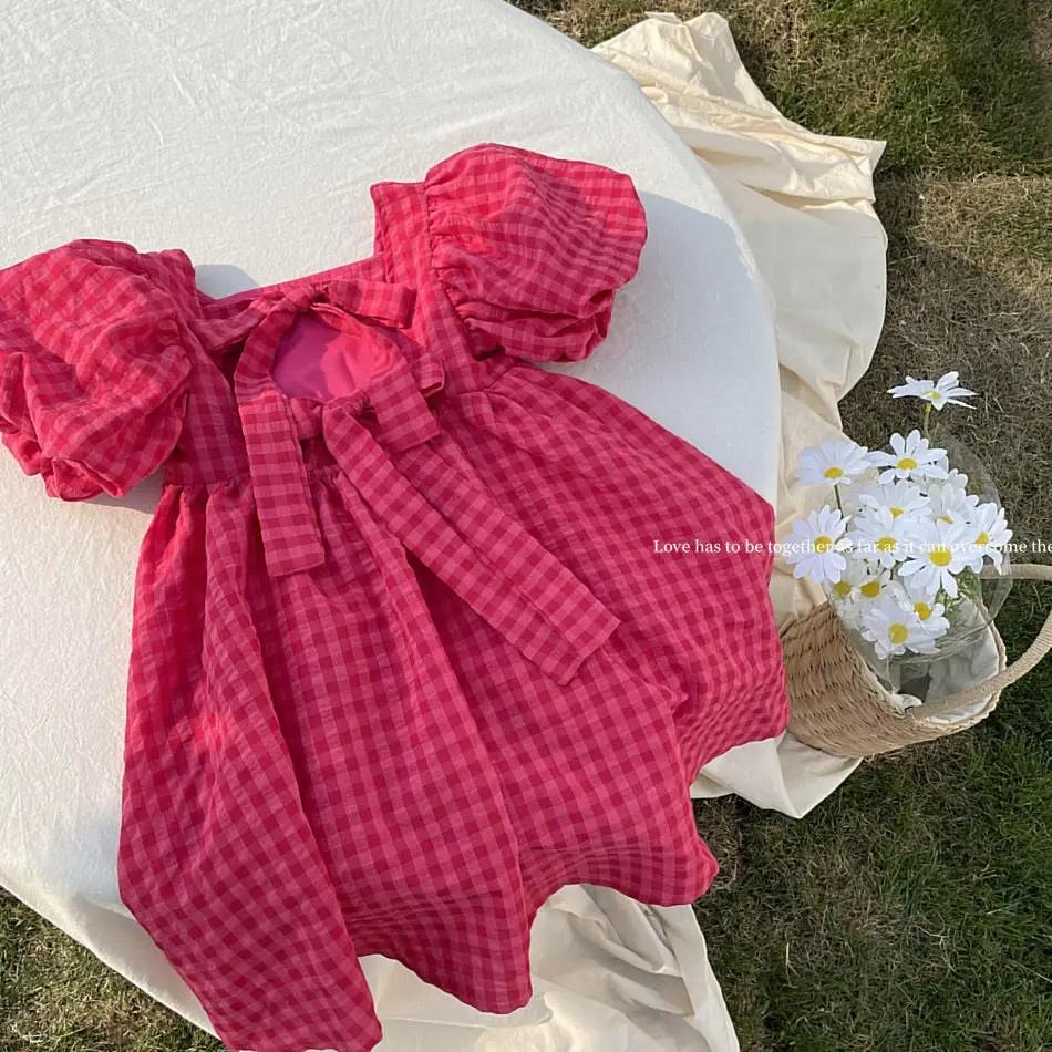 Rose Pink Plaid Balloon Sleeve Dress for Girls - JAC