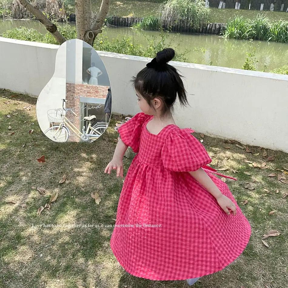 Rose Pink Plaid Balloon Sleeve Dress for Girls - JAC