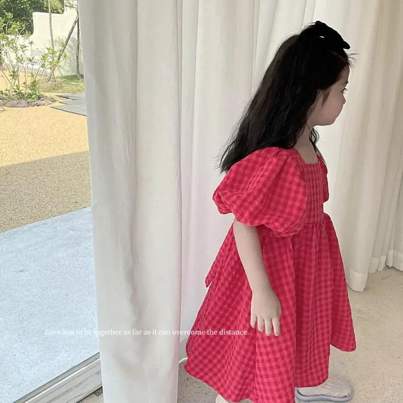 Rose Pink Plaid Balloon Sleeve Dress for Girls - JAC