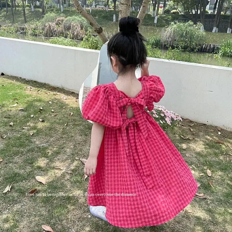 Rose Pink Plaid Balloon Sleeve Dress for Girls - JAC