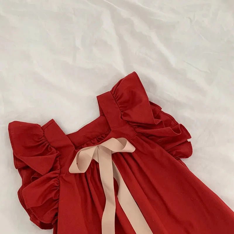 Ruffled Bowknot A Line Dress for Girls in Red & Green - JAC