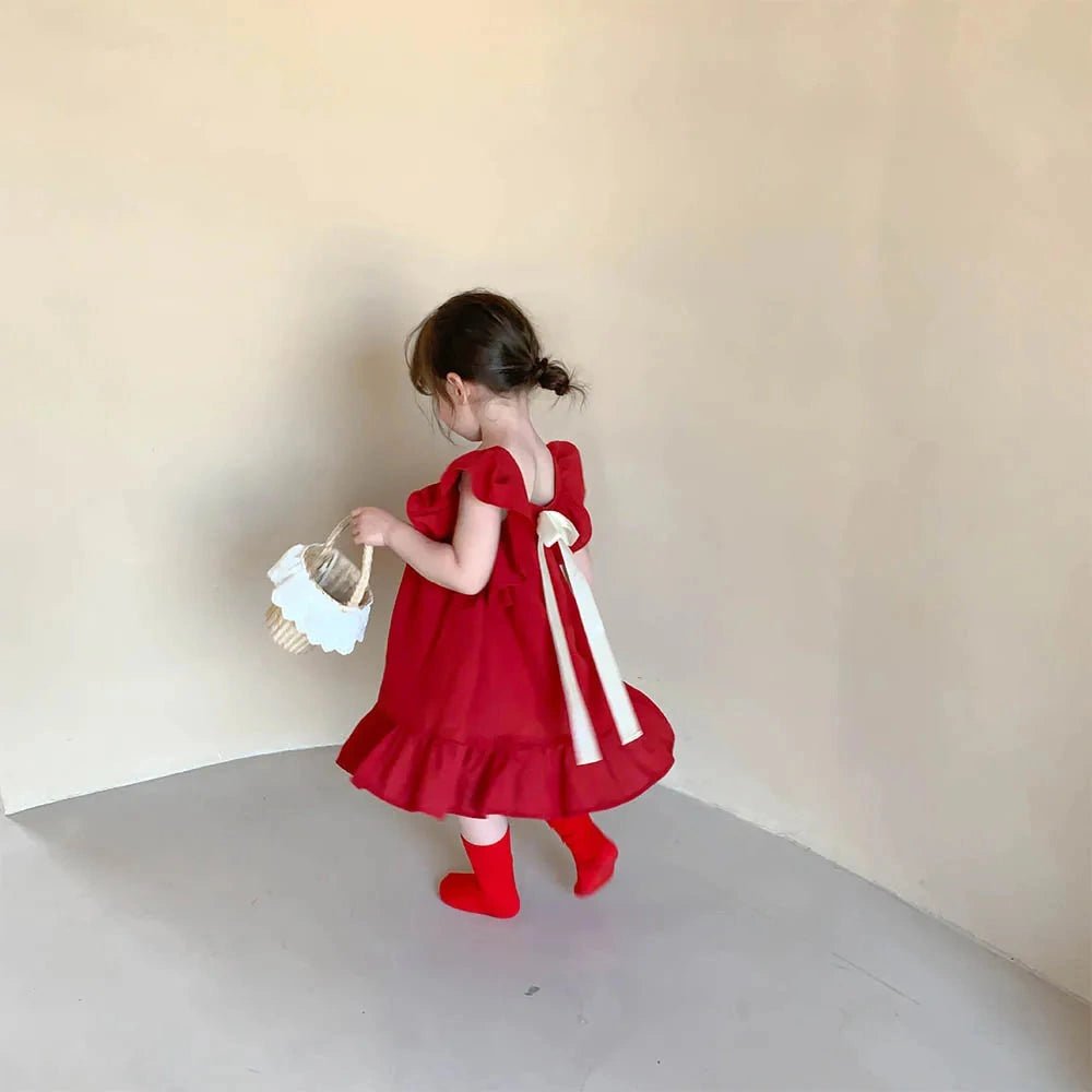 Ruffled Bowknot A Line Dress for Girls in Red & Green - JAC