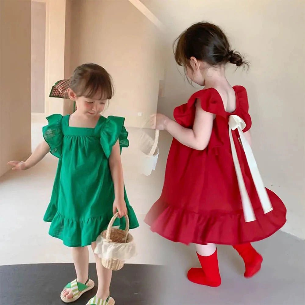 Ruffled Bowknot A Line Dress for Girls in Red & Green - JAC