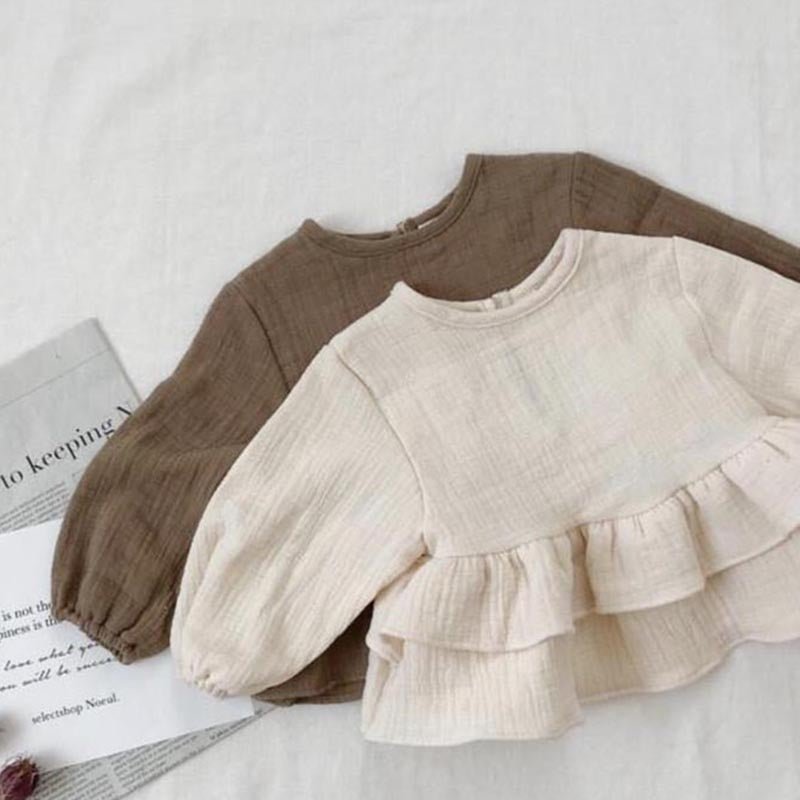 Ruffled Linen Blouse for Girls - Brown & White - JAC