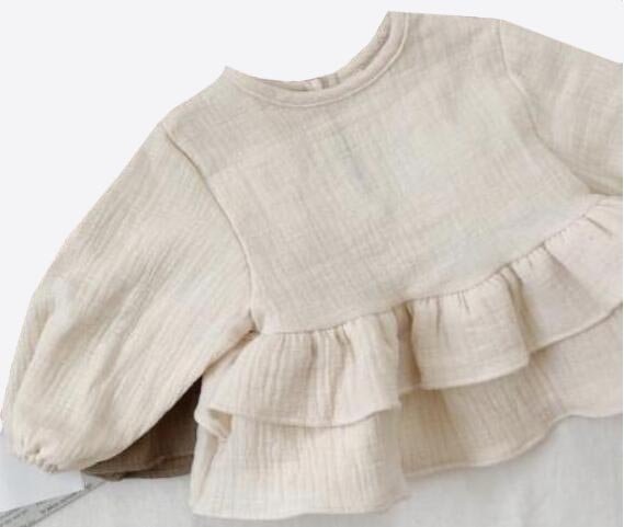 Ruffled Linen Blouse for Girls - Brown & White - JAC