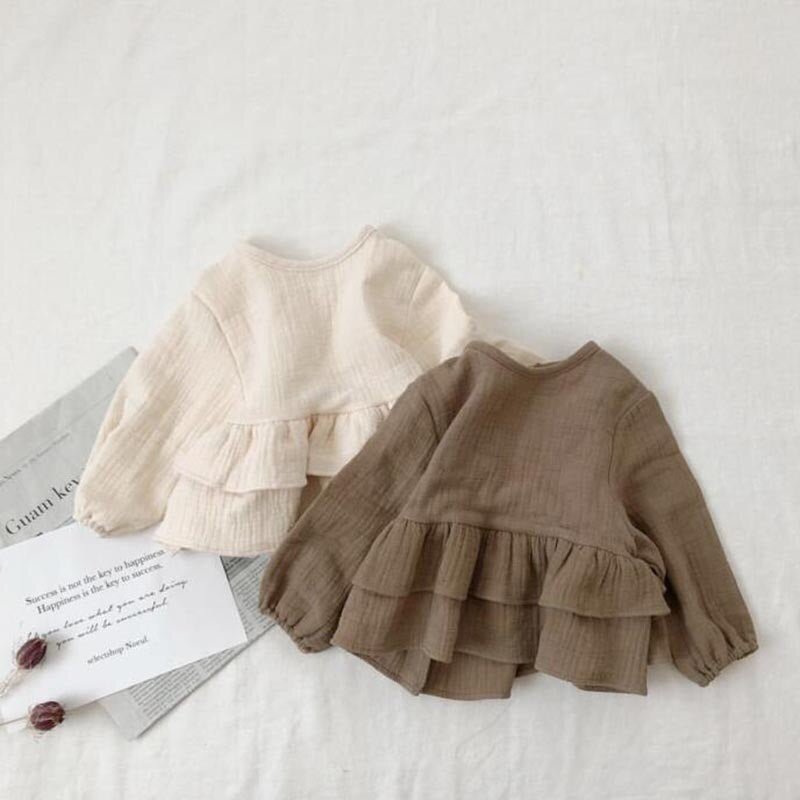 Ruffled Linen Blouse for Girls - Brown & White - JAC