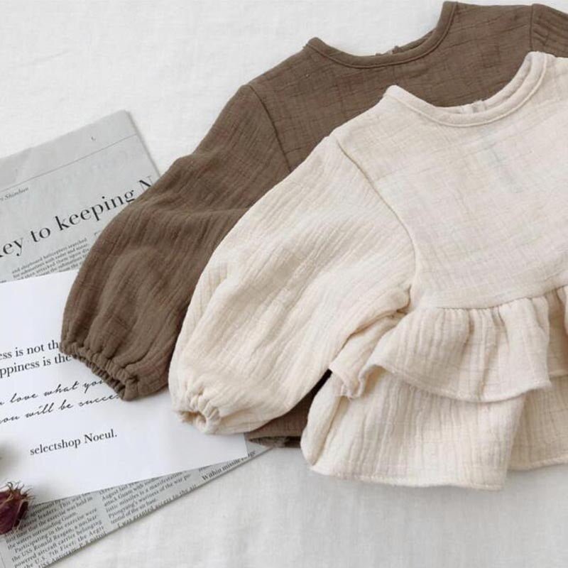 Ruffled Linen Blouse for Girls - Brown & White - JAC